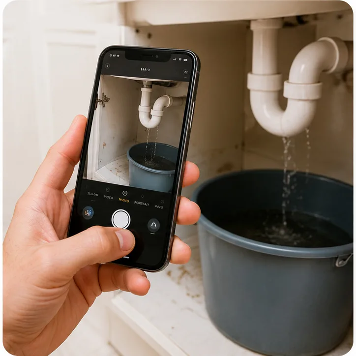 A phone photographing a leaking pipe under a sink