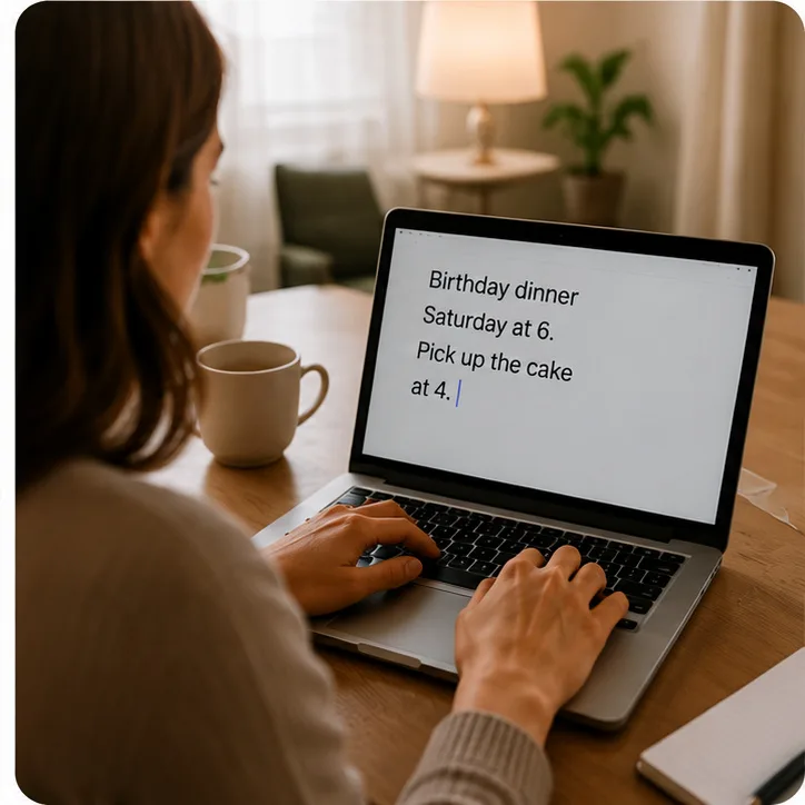 A woman typing a note to Mia on a laptop