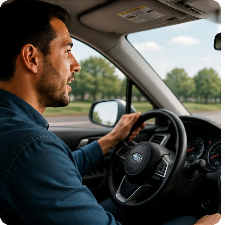 A man speaking a reminder to Mia while driving